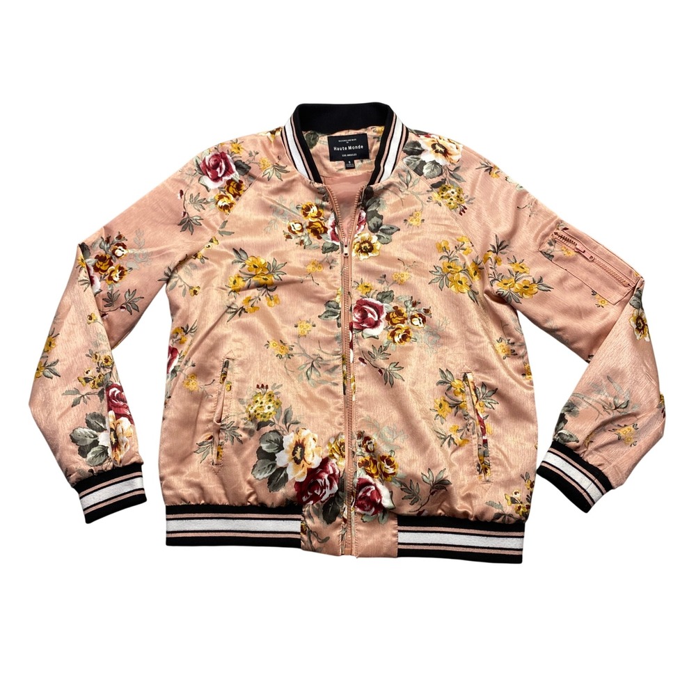 Haute Monde Pink Floral Satin Bomber Jacket Womens Small Festive Grunge